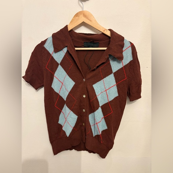 Zara Brown and Blue Argyle Women's Cardigan - Picture 2 of 4